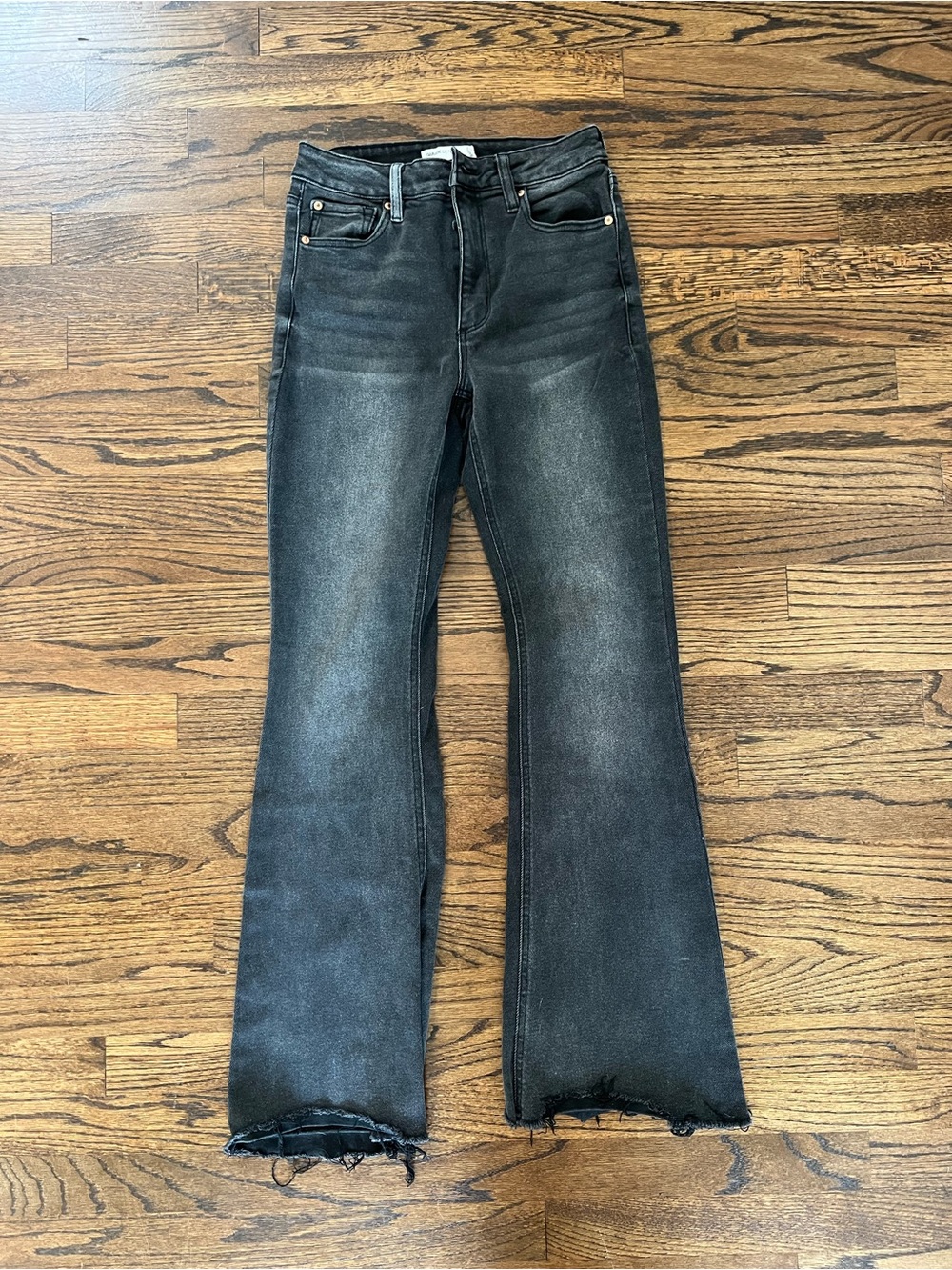 Garage Black Washed Flared Jeans with Raw Hem